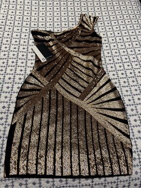 JS Collections Black and Gold One-Shoulder Sequin Bodycon Dress